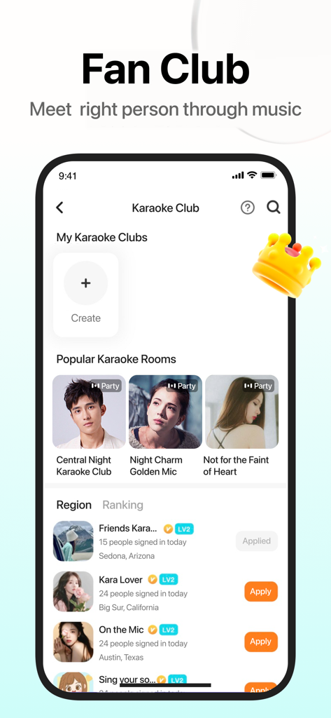 Pazzy app interface showing popular karaoke rooms and regional fan clubs to meet people through music