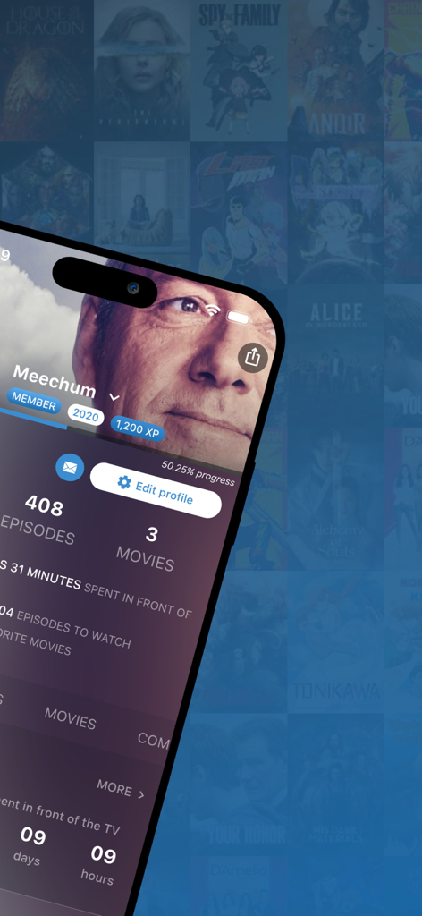 BetaSeries - TV Shows & Movies - BetaSeries app user profile screen showing TV show and movie viewing statistics and experience points