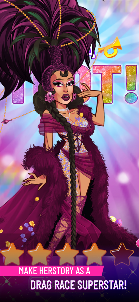 RuPaul's Drag Race Superstar - Un personnage de drag queen dans une tenue glamour violette à plumes du jeu RuPauls Drag Race Superstar.