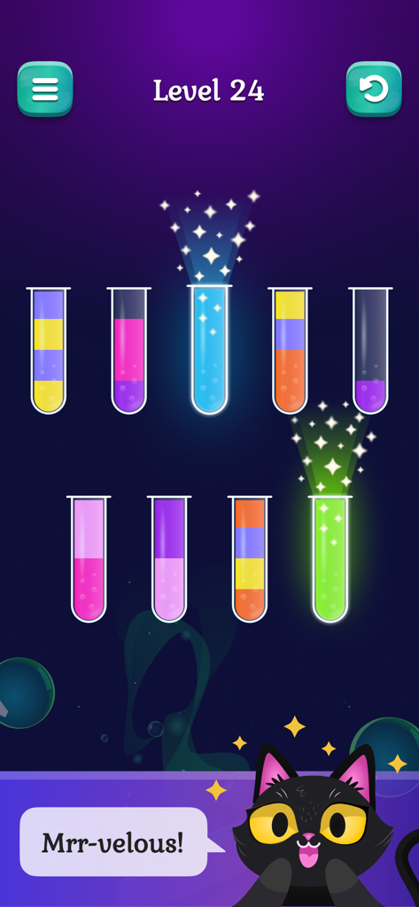 Water Sort Puzzle: Color Match - Captura de pantalla del juego de Water Sort Puzzle mostrando botellas de colores ordenados y un lindo gato negro celebrando la finalización del nivel