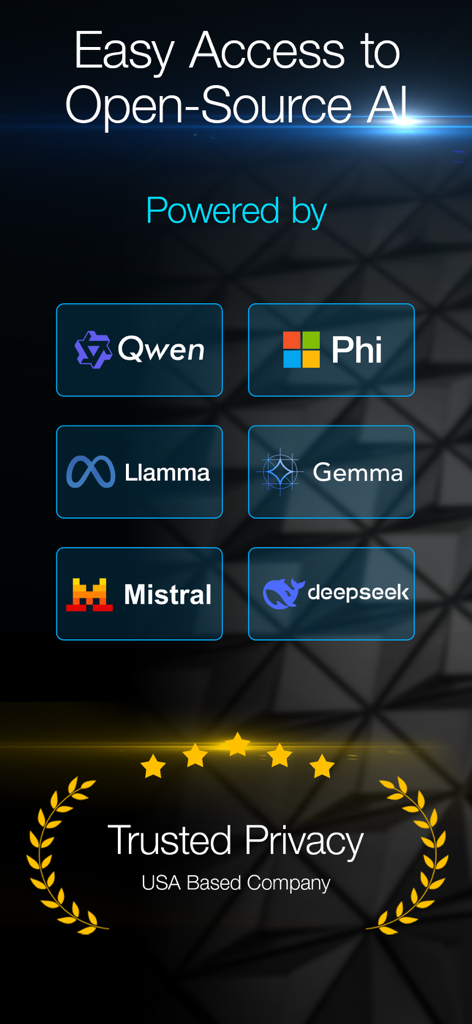 Local LLM: Private Secure Chat - Graphique montrant des modèles IA open source pris en charge comme Llama et Mistral avec un badge de confidentialité de confiance d'une entreprise basée aux États-Unis