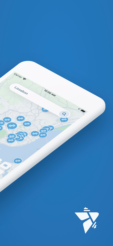 TrainAway: Find Gyms Worldwide - TrainAway app map showing gym locations in Lisbon