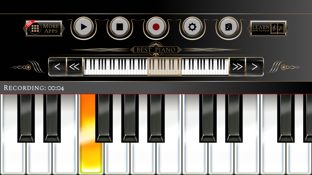 The Best Piano - Interface do aplicativo O Melhor Piano mostrando uma sessão de gravação em um teclado virtual com botões de controle