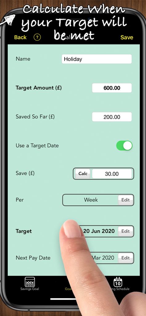 Savings Goals Pro - Savings Goals Pro app calculating a holiday savings target and weekly contribution.