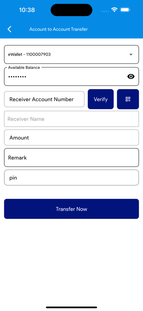 المستقبل للخدمات المالية - Interface for internal account to account money transfer with QR code scanner and transaction fields