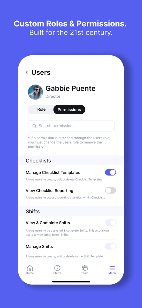 VSBL app interface for managing custom user roles and permissions for restaurant staff