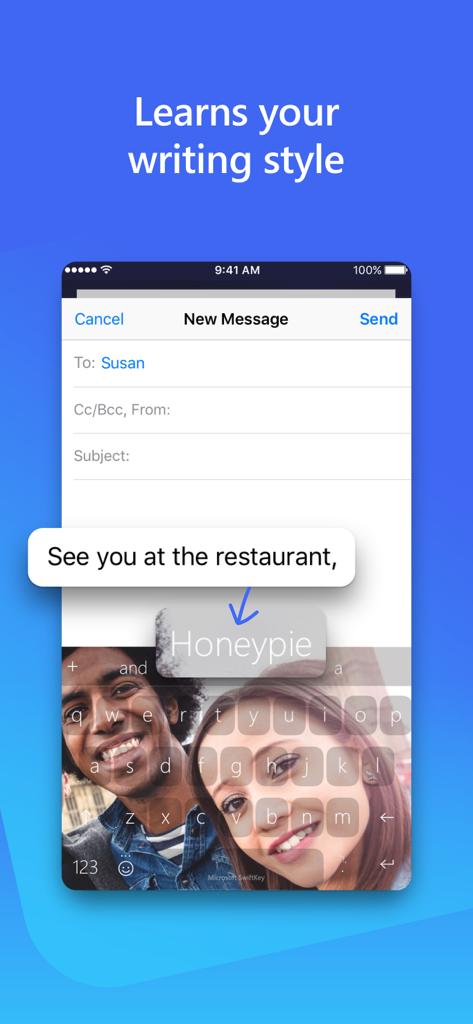 Interfaccia della Tastiera AI Microsoft SwiftKey che mostra un tema fotografico personalizzato e testo predittivo che suggerisce un soprannome personale