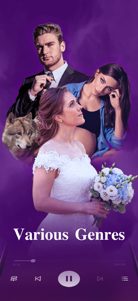 Funtel app interface displaying various story genres like romance and paranormal fiction with an integrated audio player