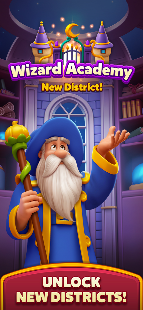 Un personaje mago en el distrito de la Academia de Magos del juego móvil Royal Kingdom.