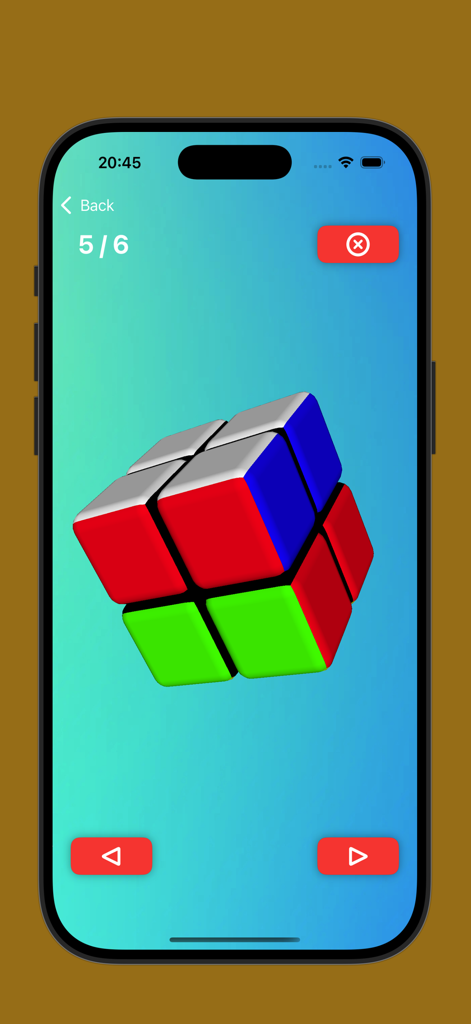 Magic Cube Solver 5x 3x 4x 2x - A 3D virtual 2x2 magic cube displayed on a mobile screen showing step five of a solution process.