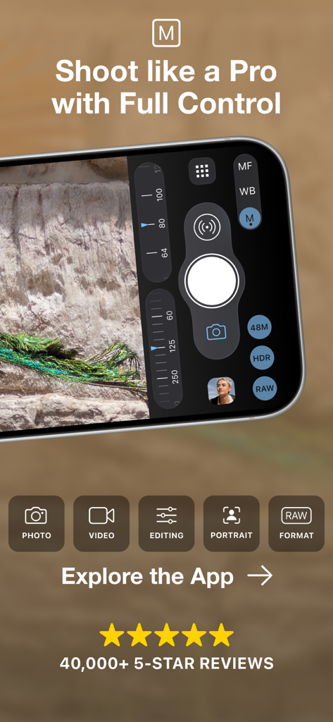 Interfaz de la aplicación ProCamera con diales de control manual para ISO y velocidad de obturación en un iPhone.