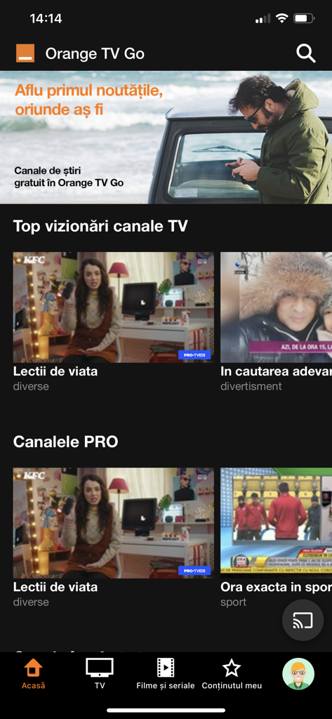 Orange TV Go - Tela principal do aplicativo Orange TV Go mostrando programas de televisão e notícias romenas