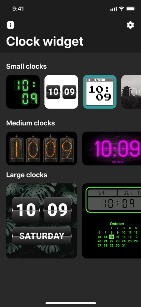 Catálogo de widgets de reloj digital estéticos que muestran estilos Nixie de efecto volcado y neón en diferentes tamaños