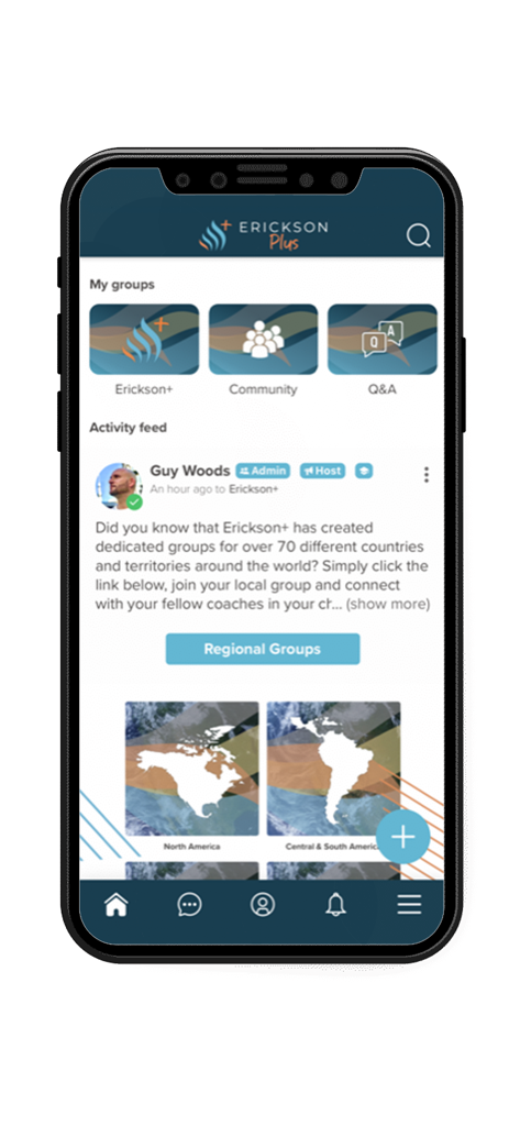 Erickson+ - Erickson Plus app interface showing the community activity feed and regional coaching groups