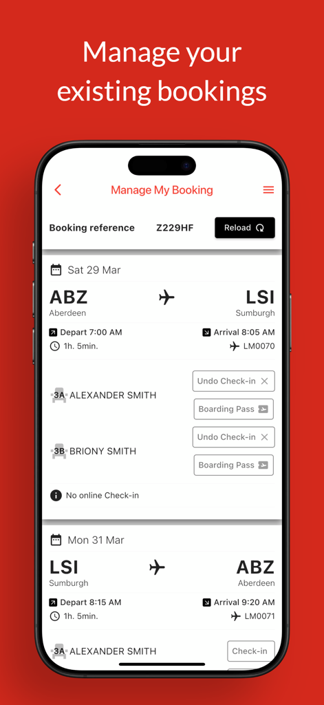 Loganair app screen showing flight itinerary and booking management options