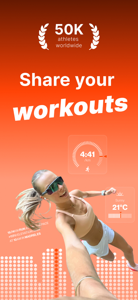 Fitshot - Une femme court et prend un selfie avec des superpositions de données fitness Fitshot pour le partage sur les réseaux sociaux.