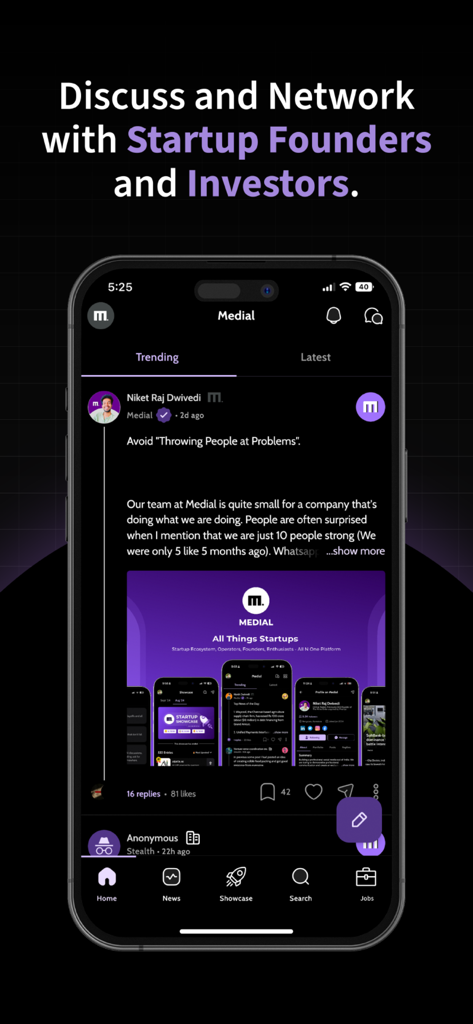 Medial - Startup News and Tech - Medial app interface highlighting professional networking for startup founders and investors.