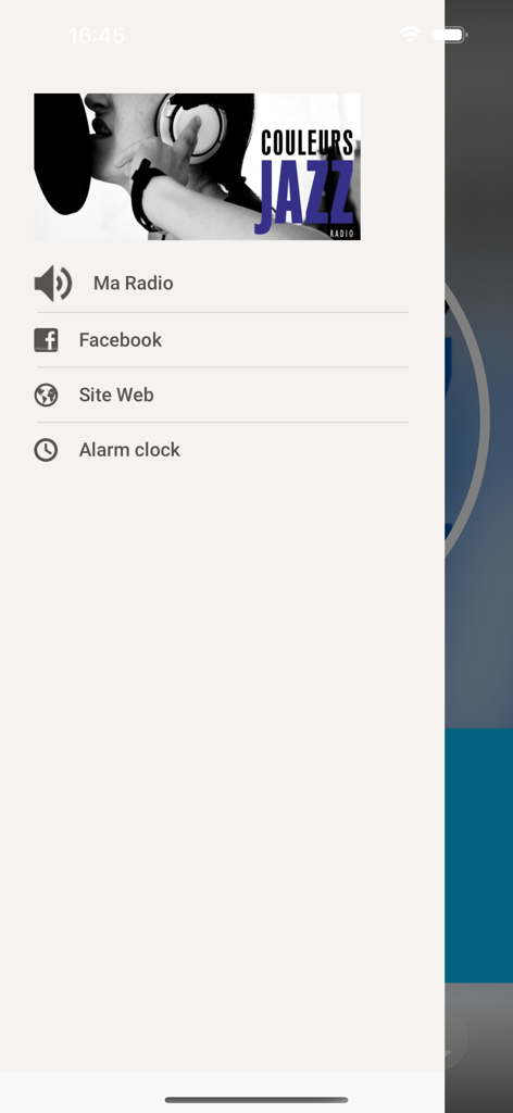 Couleurs Jazz Radio - Menú de navegación de la aplicación Couleurs Jazz Radio que muestra opciones para radio, Facebook, sitio web y despertador.