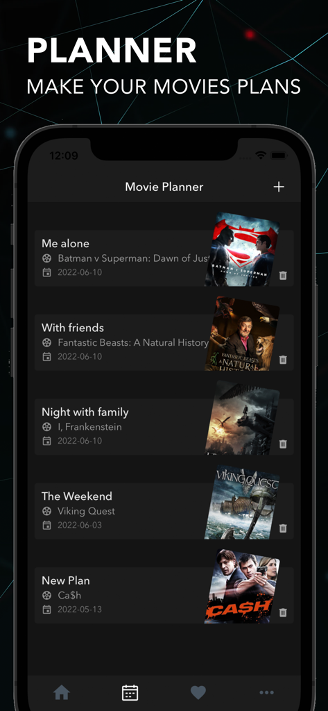 Play Diary : Movies Cinema - Movie planner interface in Play Diary app displaying scheduled movie plans for friends and family