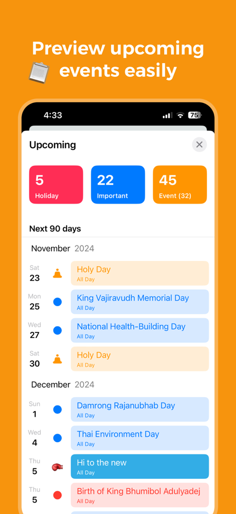 Thai Calendar (2443 to 2643) - Mobile app screen showing a list of upcoming Thai holidays and Buddhist holy days.