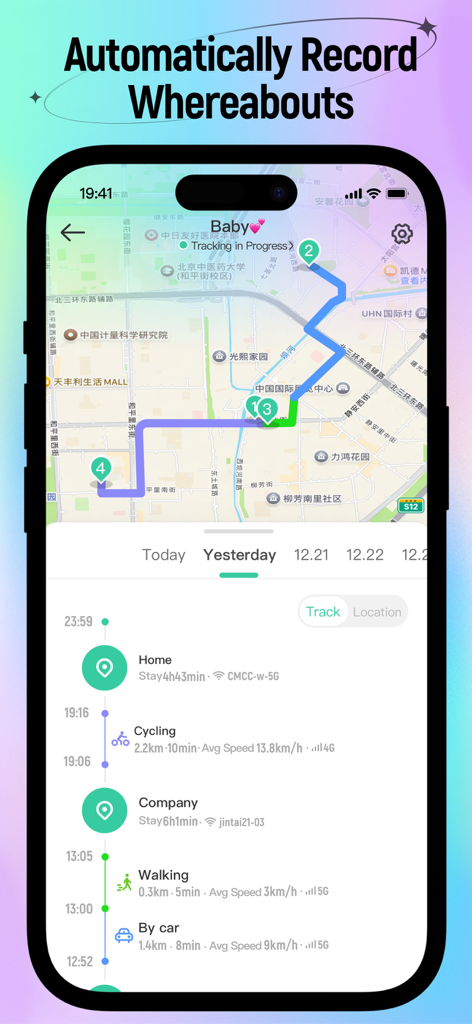 SeekU App-Oberfläche zeigt Standortverlauf und tägliche Aktivitätsverfolgung
