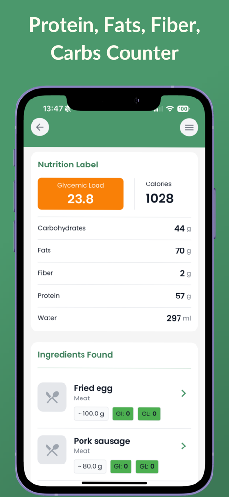 Glycemic Index Tracker LOGI - Logi app nutrition label showing glycemic load calories and macronutrient breakdown