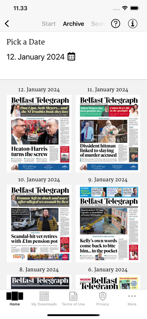 Archive section of the Belfast Telegraph app showing thumbnails of past newspaper editions and a date selector