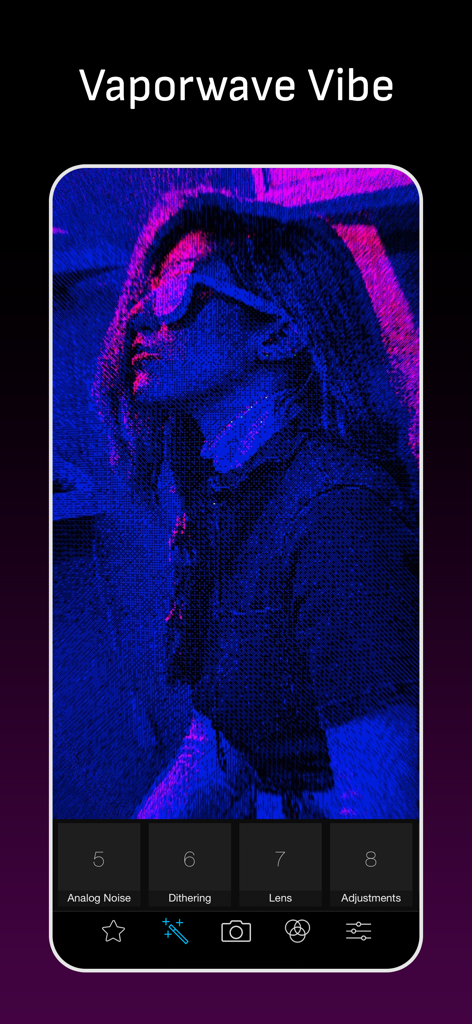 Glitch Art Studio: Cam Effects - Retrato de una mujer editado con un efecto glitch vaporwave azul y morado en la aplicación Glitch Art Studio