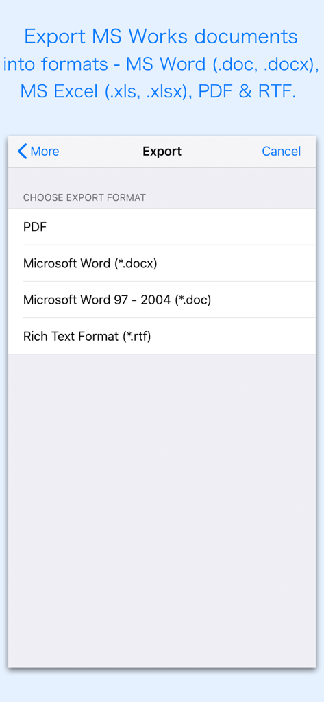 Screenshot of the WPS Reader app showing the export menu with options to convert MS Works files to PDF Word and RTF formats