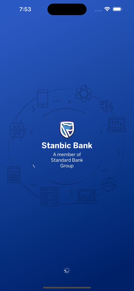 Stanbic Bank Kenya app splash screen showing the bank logo and name over a blue gradient background with loading icon
