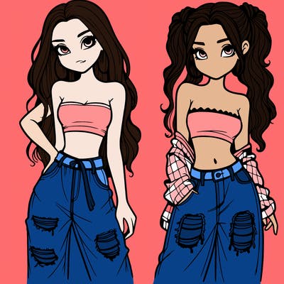 2 girls in crop tops and baggy jeans ripped