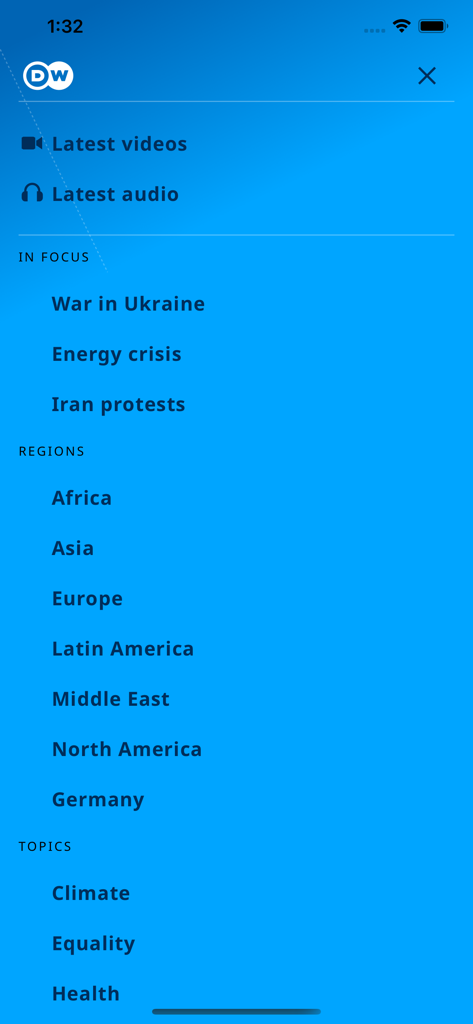 Navigation menu of the DW news app showing global regions and news topics