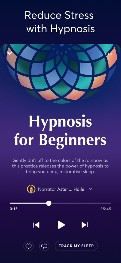 BetterSleep app hypnosis for beginners screen showing a stress reduction audio session with a colorful geometric icon and playback controls