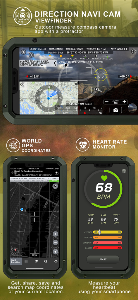 Interface of the Military GPS Survival Kit app featuring a tactical navigation camera viewfinder, a world GPS coordinates map, and a heart rate monitor tool.