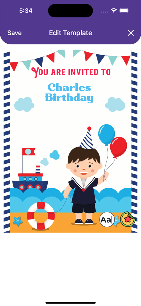 Digital Invitation Maker - Una pantalla de la aplicación Creador de Invitaciones Digitales editando una invitación de cumpleaños temática náutica para un niño.
