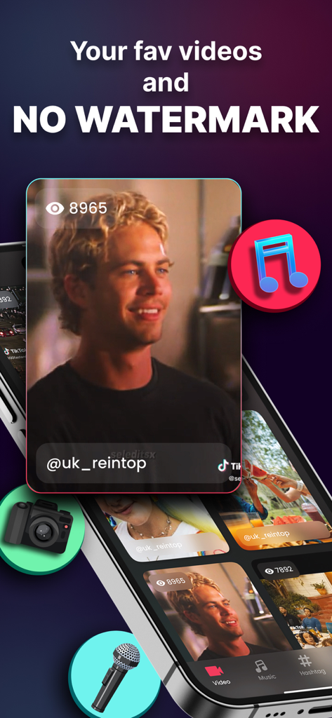 Tik Saver: Save Tok Video Pro - Tik Saver app interface displaying a video gallery and the text Your fav videos and NO WATERMARK