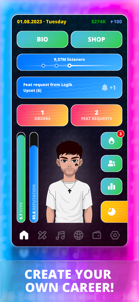 Rapper Life Simulator - Main dashboard of Rapper Life Simulator showing player avatar music stats and career progress