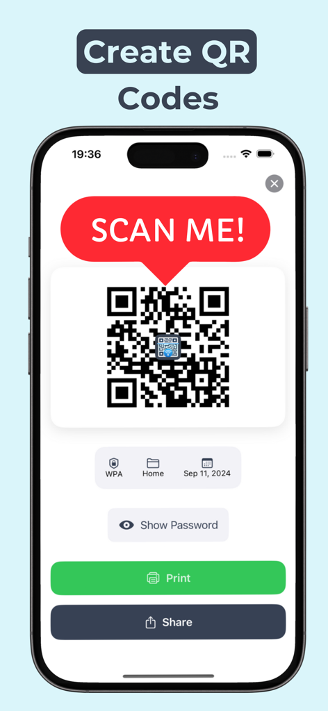 iPhone screen displaying a generated WiFi QR code with a Scan Me call to action and sharing buttons