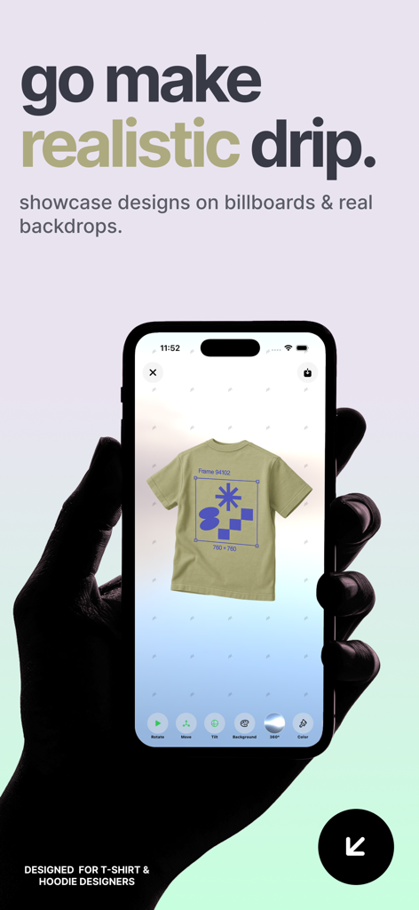 Mock・3D Mockups・Cloth Designer - iPhone displaying a 3D t-shirt mockup being edited in the Mock clothing design app