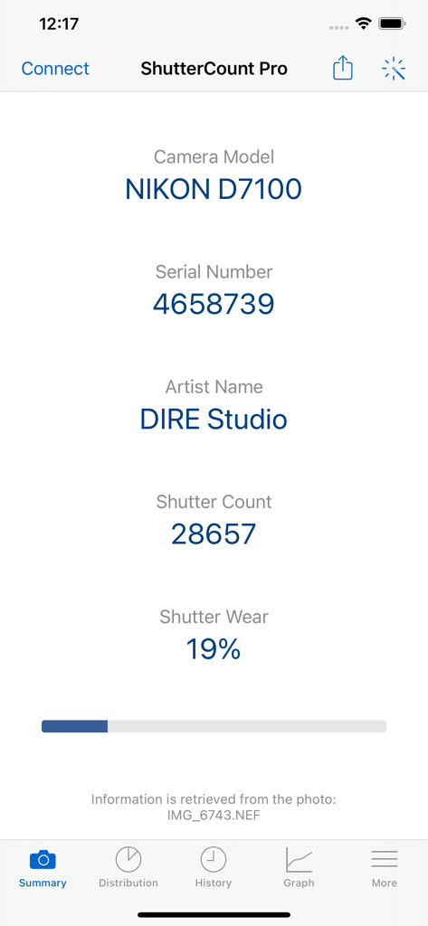 ShutterCount Pro Mobile summary screen showing shutter count and 19 percent wear for a Nikon D7100 camera.