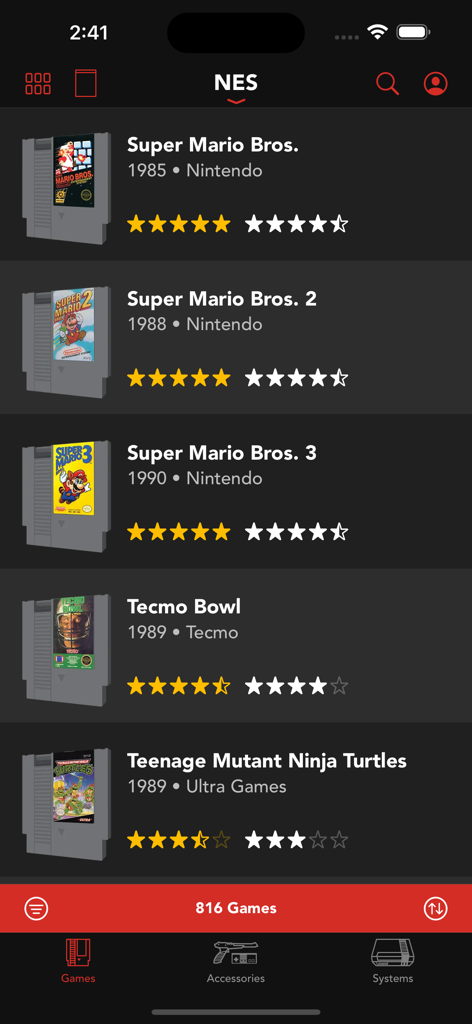 A list of classic NES games like Super Mario Bros and Tecmo Bowl in the Ultimate Game Guide app featuring ratings and release years