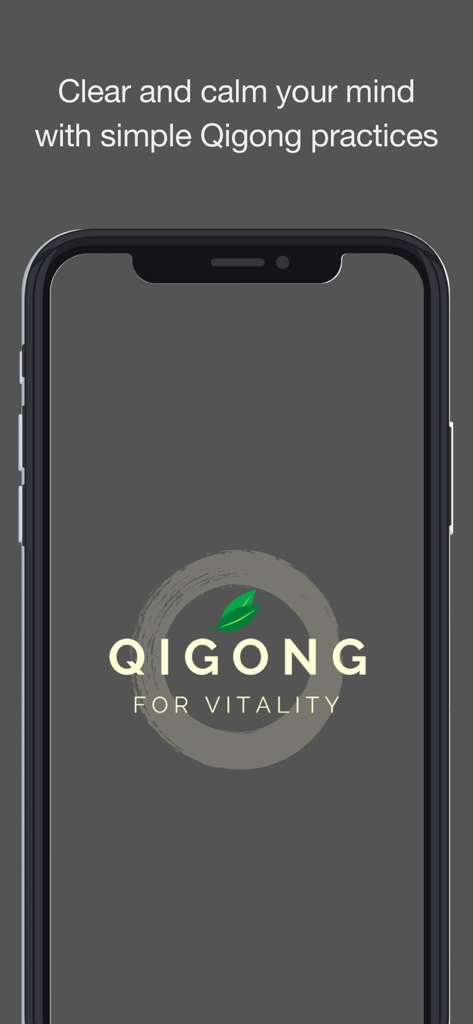 Think Vitality app splash screen featuring the Qigong for Vitality logo and mindfulness message