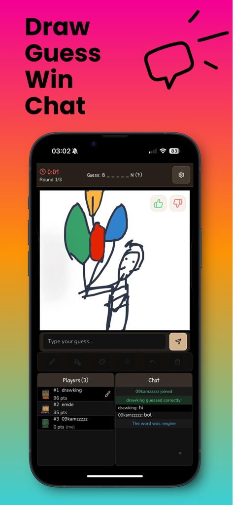 Skrawl – Draw, Guess & WIN! - Interfaz de la aplicación Skrawl que muestra una sesión de dibujo en vivo y chat multijugador