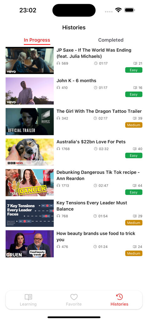 EngTube: Learn English Daily - Screen showing in progress English video lessons with titles and difficulty levels in EngTube
