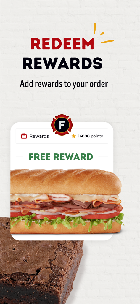 Firehouse Subs App-Bildschirm, der zeigt, wie Punkte für eine kostenlose Sub-Sandwich-Belohnung eingelöst werden.
