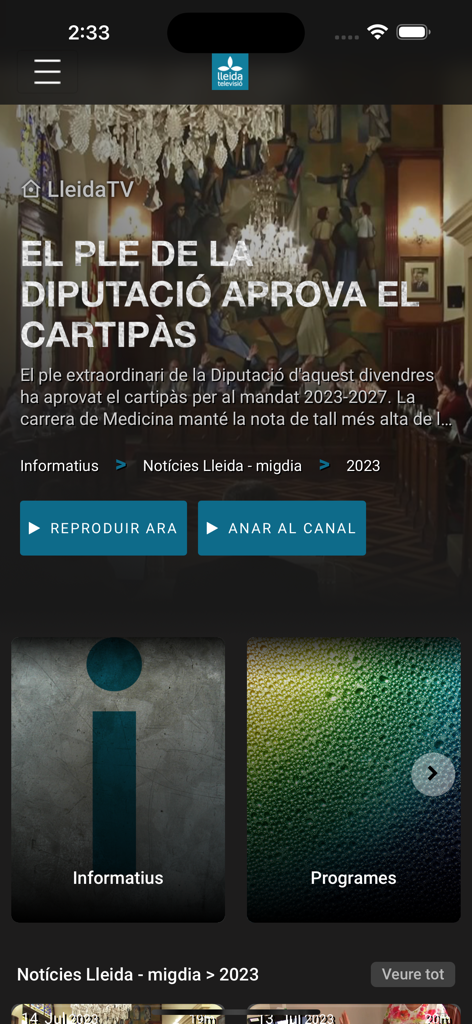 Interfaz de la aplicación móvil Lleida TV mostrando titulares de noticias locales y opciones de video en catalán