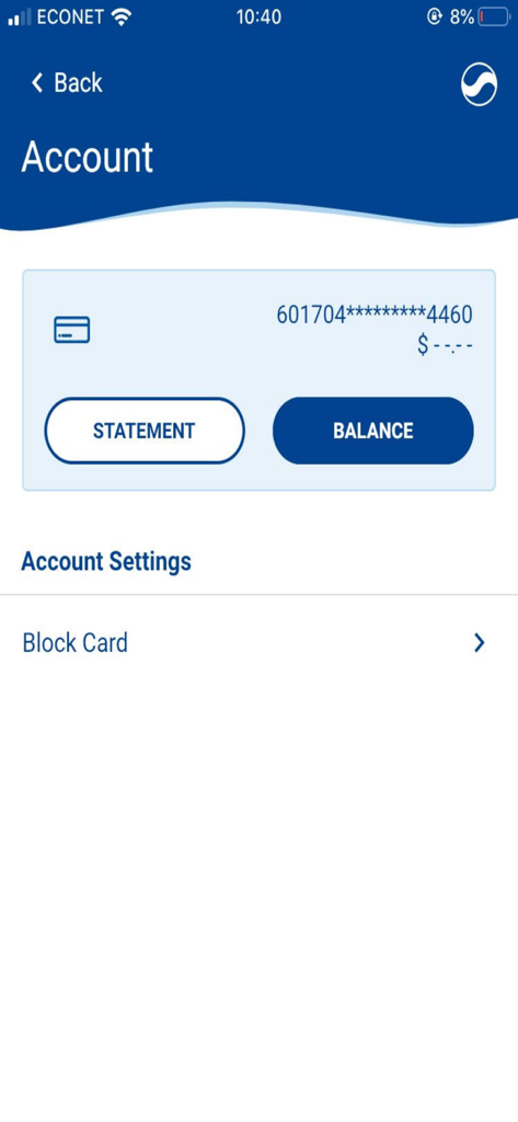 FBC Mobile - Account overview screen in the FBC Mobile banking app showing card details and block card settings