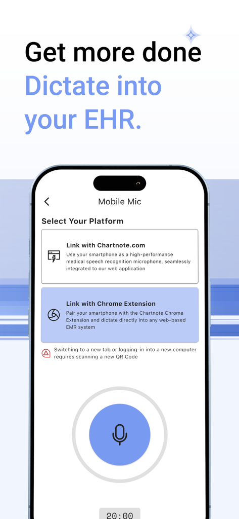 Chartnote Mobile app interface showing the mobile microphone feature for dictating medical notes into an EHR system
