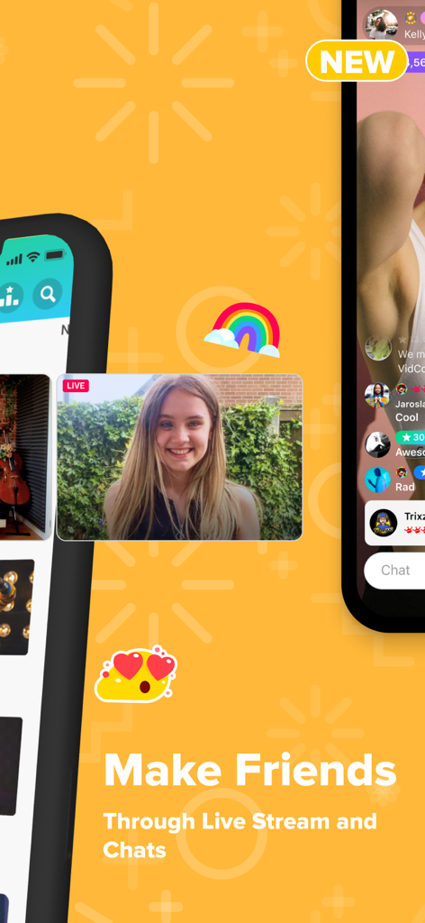 Gráfico promocional do aplicativo YouNow apresentando uma prévia de transmissão ao vivo e o texto Faça Amigos Através de Transmissões e Chats Ao Vivo