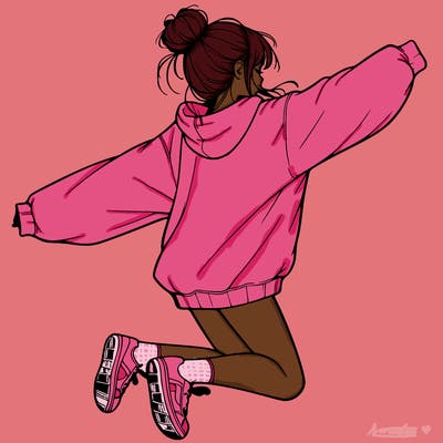 realistic girl jumping with a bun and oversized sweatshirt